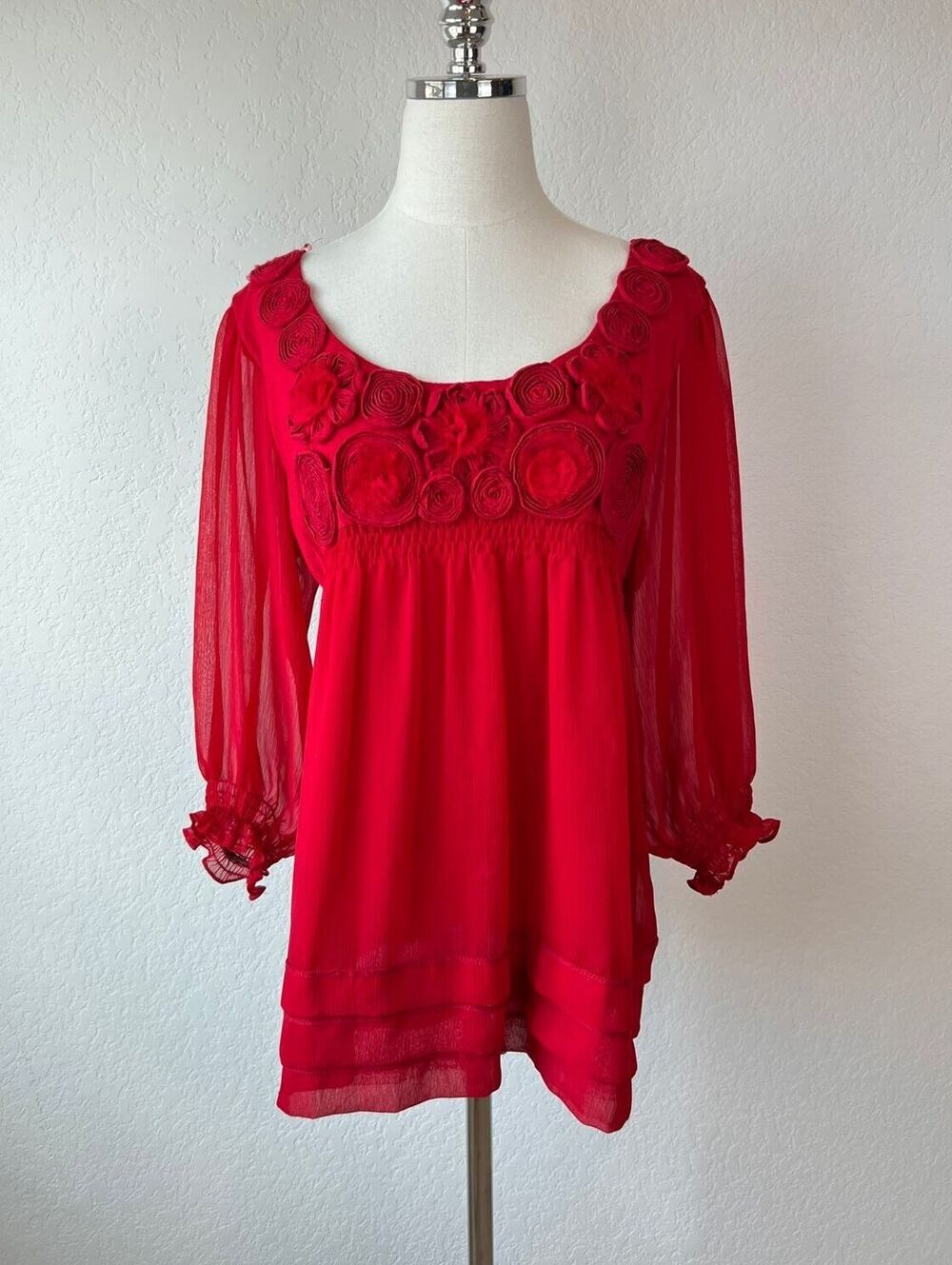 Vintage 90s Y2K Whimsigoth Floral Embellished Red Babydoll Top size XL